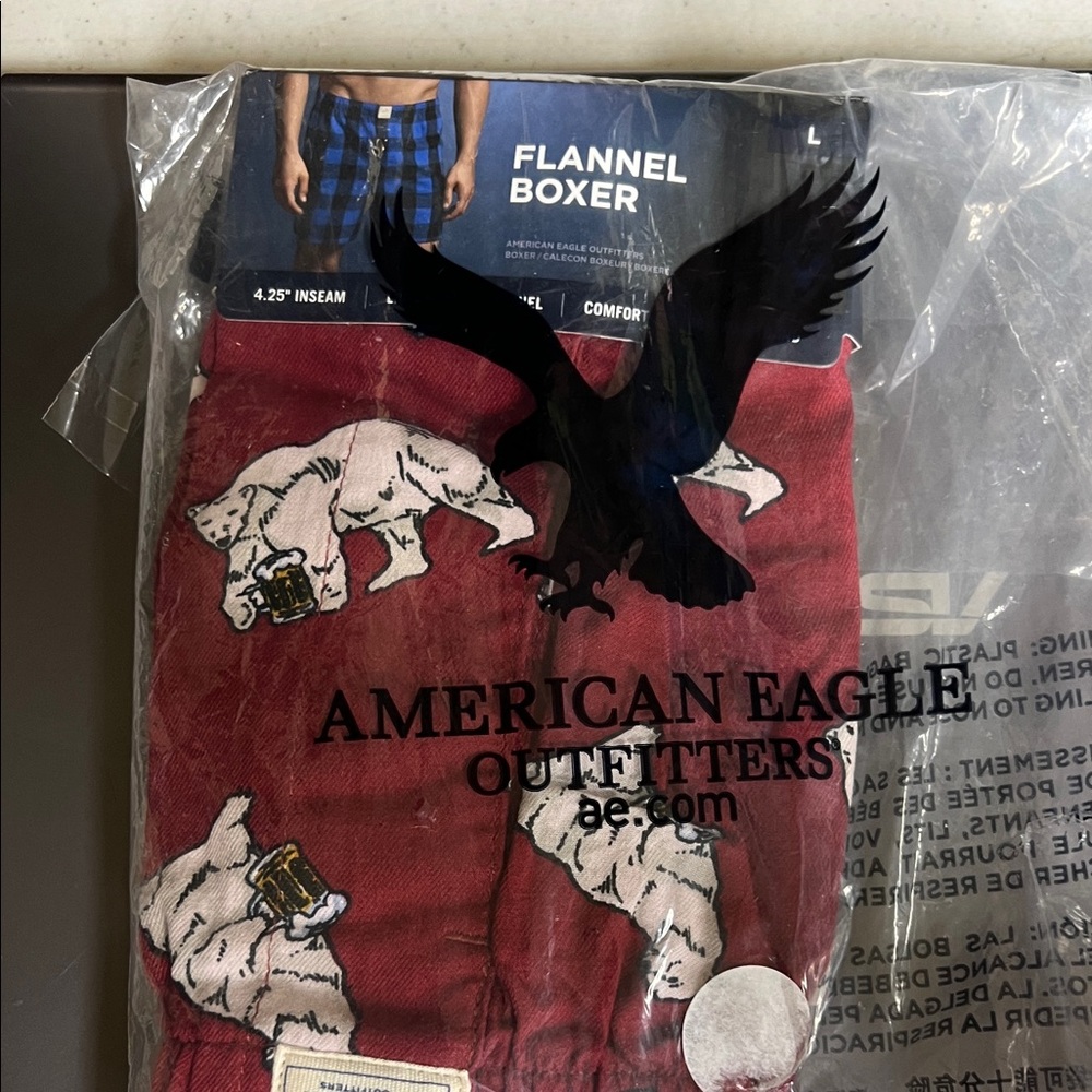 American Eagle Red Flannel Boxer with Bear Design
